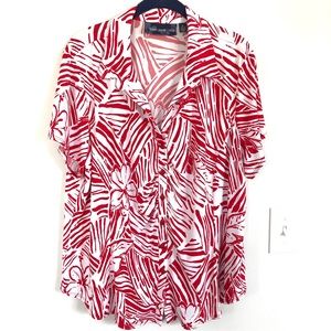 Susan Graver Liquid Knit Short Sleeve Printed Campshirt, Size XL